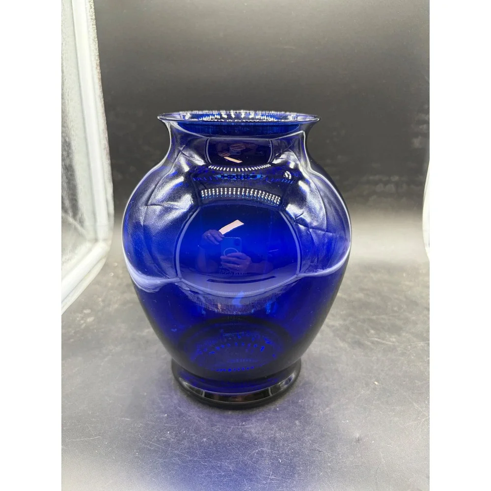 Vintage Cobalt Blue Glass Bulbous Vase Flared Rim Pedestal Base 7 Inch